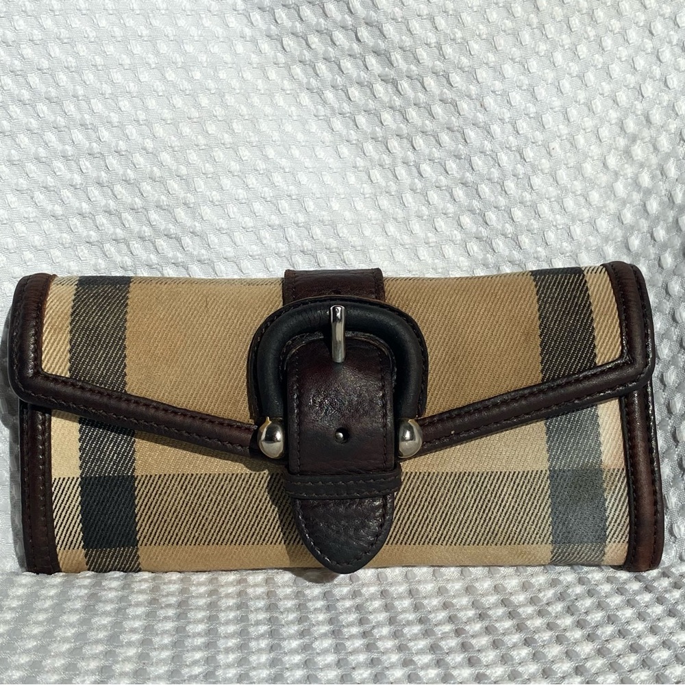 Vintage Burberry Nova Check Plaid Cloth Continental Wallet with leather accents